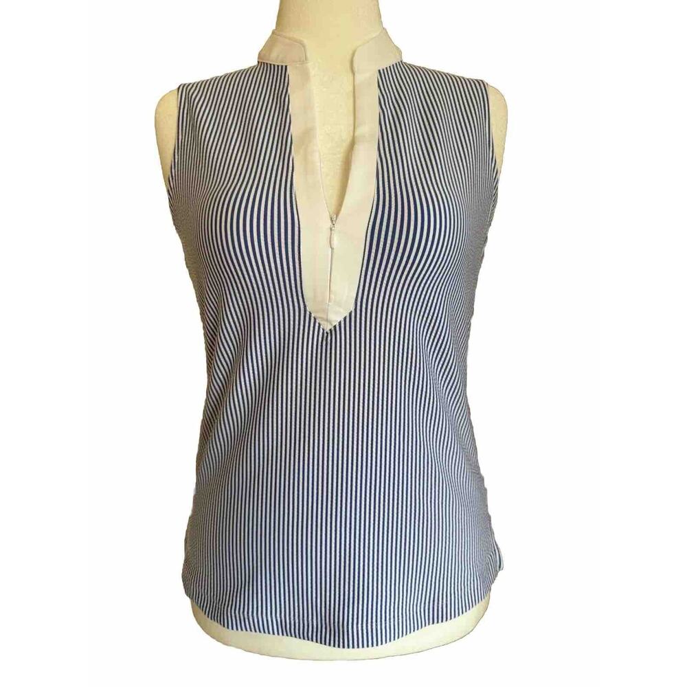 Fairway & Greene Sleeveless Tank, NWT, Navy Pinstripes, 1/4 Zip, Womens Medium